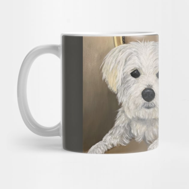 Maltese dog oil portrait. Little white dog with black button eyes and nose. by KarenZukArt